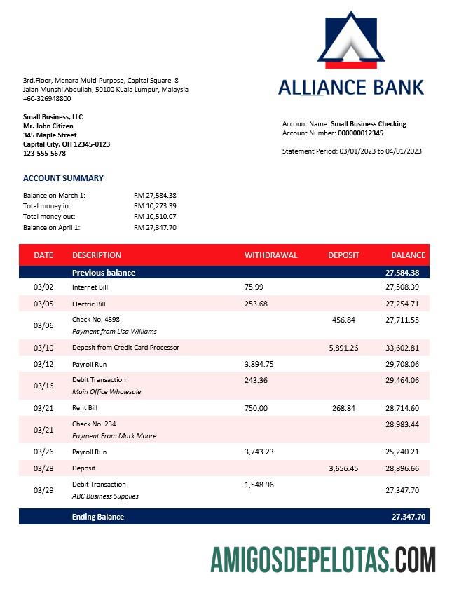 Baixável Alliance Bank Enterprise modelo de extrato de conta Word e PDF